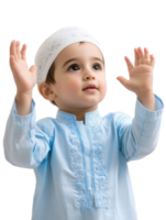 Young Muslim Boy in Traditional Attire with Hands Raised in Prayer on a Transparent Background png