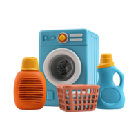 3D Render Of Laundry Items With Washing Machine Detergent Bottles And Basket With Clothing On Transparent Background png