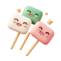 3D Rendered Smiling Marshmallow Pops In Pink Green And White With Star Accents On Transparent Background png
