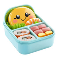 Colorful Bento Box Illustration Featuring Sushi Rolls and Smiling Character with Transparent Background png