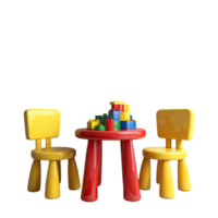 Colorful Stack Of Wooden Blocks On A Red Table Between Two Yellow Chairs Isolated Against Transparent Background png