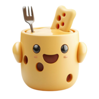 Smiling 3D Cheese Cup Illustration With Fork and Cheese Slice on Transparent Backdrop png