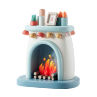Stylized 3D Fireplace Render With Blue And White Design Featuring Candles Frame And Warm Fire In Transparent Background png