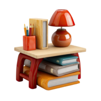 Vibrant Arrangement Of Books Stationery And Lamp On A Red Stool With Transparent Background png