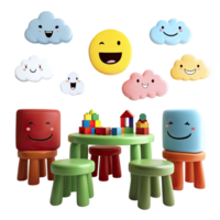 Whimsical Cartoon Scene With Smiling Clouds A Smiley Face And Playful Table And Chairs On Transparent Background png