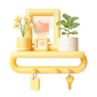 Yellow 3D Rendered Shelf with Plants Picture Frame and Keychains Isolated on Transparent Background png
