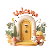 Whimsical 3D Welcome Sign Featuring Cartoon Door Cactus and Autumnal Decorations on Transparent Background png