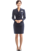 Smiling Young Woman in Navy Business Suit Stands with Hands Clasped against Transparent Background png