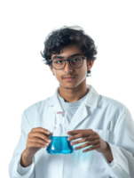 Young Man Wearing Glasses In White Lab Coat Holds Conical Flask With Blue Liquid On Transparent Background png