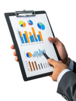 Businessman Analyzing Charts and Graphs on a Clipboard with Transparent Background png