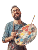 Cheerful Artist With Beard And Glasses Holding A Paint Palette Smiling On Transparent Background png