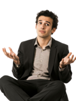 Confused Man Gesturing With Open Hands Wearing Suit Jacket With Patterned Shirt against Transparent Background png
