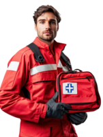 Focused Paramedic in Red Uniform Holding First Aid Kit with Serious Expression on Transparent Background png