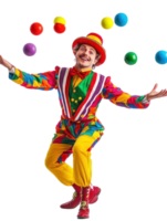 Joyful Clown Juggling Multicolored Balls Against Transparent Background in Vibrant Colors and Dynamic Action png