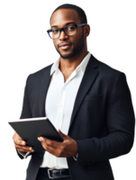 Handsome Black Man In Glasses Posing While Holding Tablet Device Against Transparent Background png
