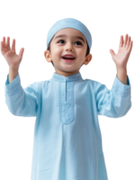 Joyful Young Boy in Light Blue Muslim Attire with Raised Arms and Smiling Expression on Transparent Background png