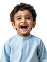 Joyful Portrait Of A Smiling Young Boy With Dark Curly Hair Wearing Light Blue Outfit Isolated On Transparent Background png