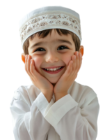 Joyful Young Boy in White Religious Attire and Hat Smiling with Hands Touching Face on Transparent Background png