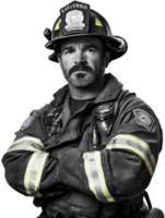 Monochrome Portrait Of A Firefighter In Uniform With Helmet And Stern Expression On Transparent Background png