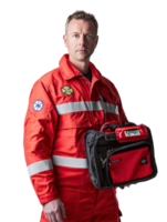 Portrait Of A Serious Man In A Red Medical Uniform Holding A Medical Bag Against A Transparent Background png