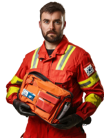 Portrait Of A Man In Red Emergency Uniform Holding First Aid Kit Isolated On Transparent Background png