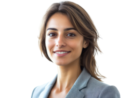 Portrait Of A Smiling Young Woman With Brown Hair Wearing Grey Suit Jacket And Transparent Background png