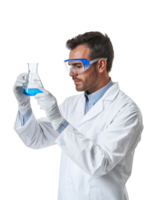 Scientist in White Coat Examines Blue Liquid in Flask With Protective Eyewear on Transparent Background png
