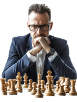 Serious Man in Suit Concentrating on Chess Game with Wooden Board and Pieces with Transparent Background png