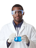 Smiling Black Scientist in White Lab Coat Holding Flask with Blue Liquid Isolated on Transparent Background png
