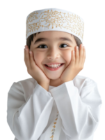 Smiling Boy Portrait With Hands On Cheeks In White Traditional Attire With Golden Embroidery Detail png