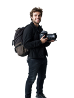 Smiling Man With Camera Backpack Isolated on Transparent Background Holding Digital Camera png