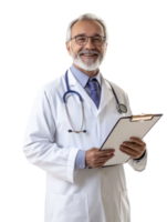 Smiling Senior Doctor In White Coat With Stethoscope And Clipboard Isolated On Transparent Background png