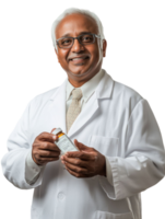 Smiling Mature Man In White Lab Coat Holds Medicine Bottle Against Transparent Backdrop png