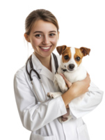 Smiling Woman Doctor in White Coat Holds Happy Dog on Transparent Background png