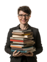 sorridente mulher segurando pilha do livros com óculos dentro frente do transparente fundo png