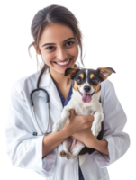 Smiling Woman Vet In White Coat Holding Small Happy Dog With Tongue Out On Transparent Background png