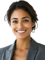 Smiling Woman Portrait in Gray Blazer with Transparent Background Smiling Face and Confident Expression png