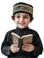 Smiling Young Boy in Black Attire Holds Open Book with Gold Accents on Transparent Background png