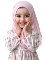 Smiling Young Girl Wearing Pink Hijab And Floral Dress With Hands On Face Isolated On Transparent Background png
