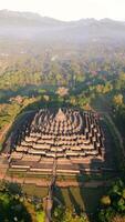 Aerial view of ancient Borobudur temple, surrounded by tropical misty jungle and soft morning light in Central Java, Indonesia. video