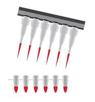 Medical equipment. Multi channel pipette loading biological samples in microplate for test in the laboratory. Medical tests vector