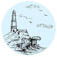 Lighthouse hand drawn illustrations. Sea sketch with rocks and lighthouse. Sea background with waves and lighthouse vector