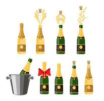 Sealed and Several bottles of champagne being opened. Champagne in a bucket with ice. Champagnes party elements vector