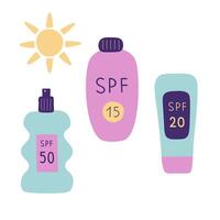 Doodle with sunscreens SPF and sun on isolated background. Hand drawn coloured illustration with summer different protection creams in flat style. Design element for sign, logo, print, card vector