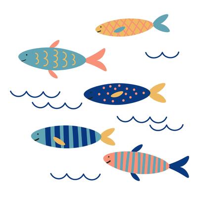 Funny Fish Sardines and Fry in the sea on isolated background. decorative illustration in flat style with marine motif, waves, swimming fishes for sign, label, poster, card, print, paper, flyer