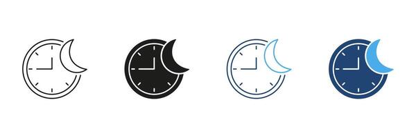 Night Time Mode, Moon with Clock Line and Silhouette Icon Set. Time Management And Scheduling For Healthy Lifestyle And Wellness. Isolated Illustration vector