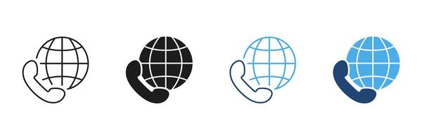 Telephone And Globe Communication Icon Set. Global Connectivity, International Calling, And Telecommunication Symbol Collection. Worldwide Network And Customer Support. Isolated Illustration vector