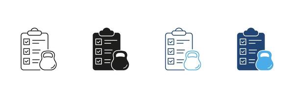 Weight Loss Training Fitness Plan Line and Silhouette Icon Set. Checklist and Kettlebell Outline and Solid Icon, Gym and Exercise Routines Concept. Editable Stroke. Isolated Illustration vector