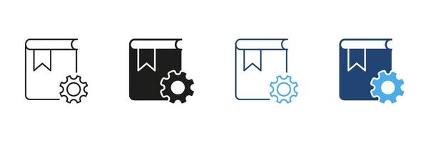 Book With Gear Icon Set. Knowledge Management, Technical Documentation, And System Configuration Symbol Collection. Education And Technology Integration. Isolated Illustration vector
