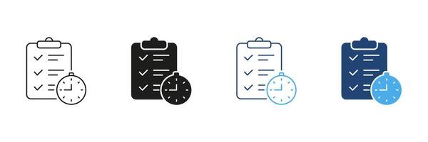 Time Management And Balanced Routine Line and Silhouette Icon Set. Healthy Lifestyle With Organized Schedule. Editable Stroke. Isolated Illustration vector